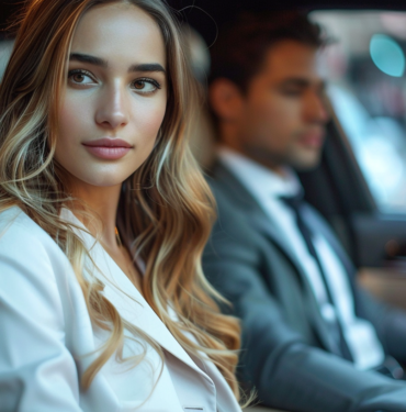Professioneller VIPROTECT Chauffeur wartet auf die Geschäftsfrau im Luxusauto – Zuverlässigkeit und Diskretion in jeder Hinsicht.