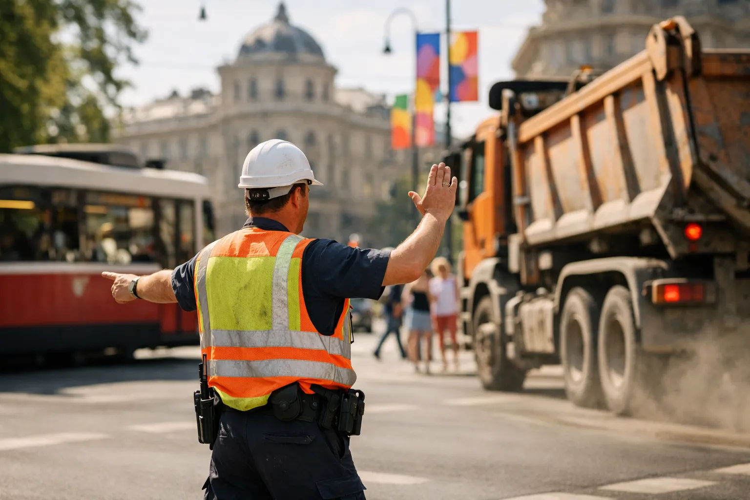 Verkehrsposten Wien koordiniert Baufahrzeug zur professionellen Verkehrssicherung der Baustelle im Stadtverkehr.