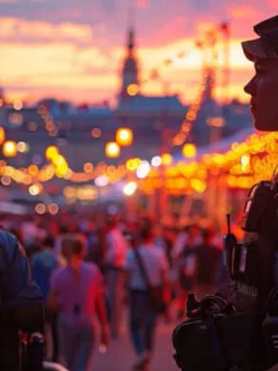 Sicherheitsmitarbeiter überwachen eine Großveranstaltung bei Sonnenuntergang