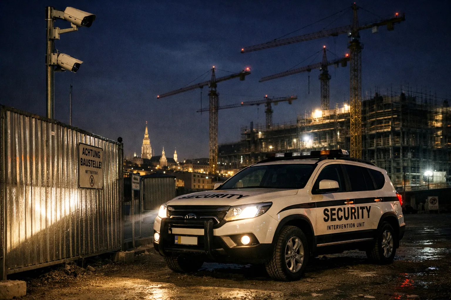 Objektschutz Baustelle Wien: Nächtliche Baustellensicherung mit Interventionsfahrzeug und Kameras.