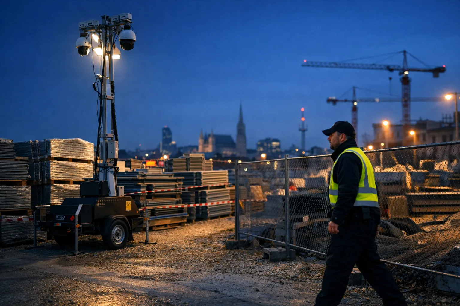 Professionelle Baustellenbewachung in Wien bei Dämmerung mit Überwachungsturm und Sicherheitsdienst.