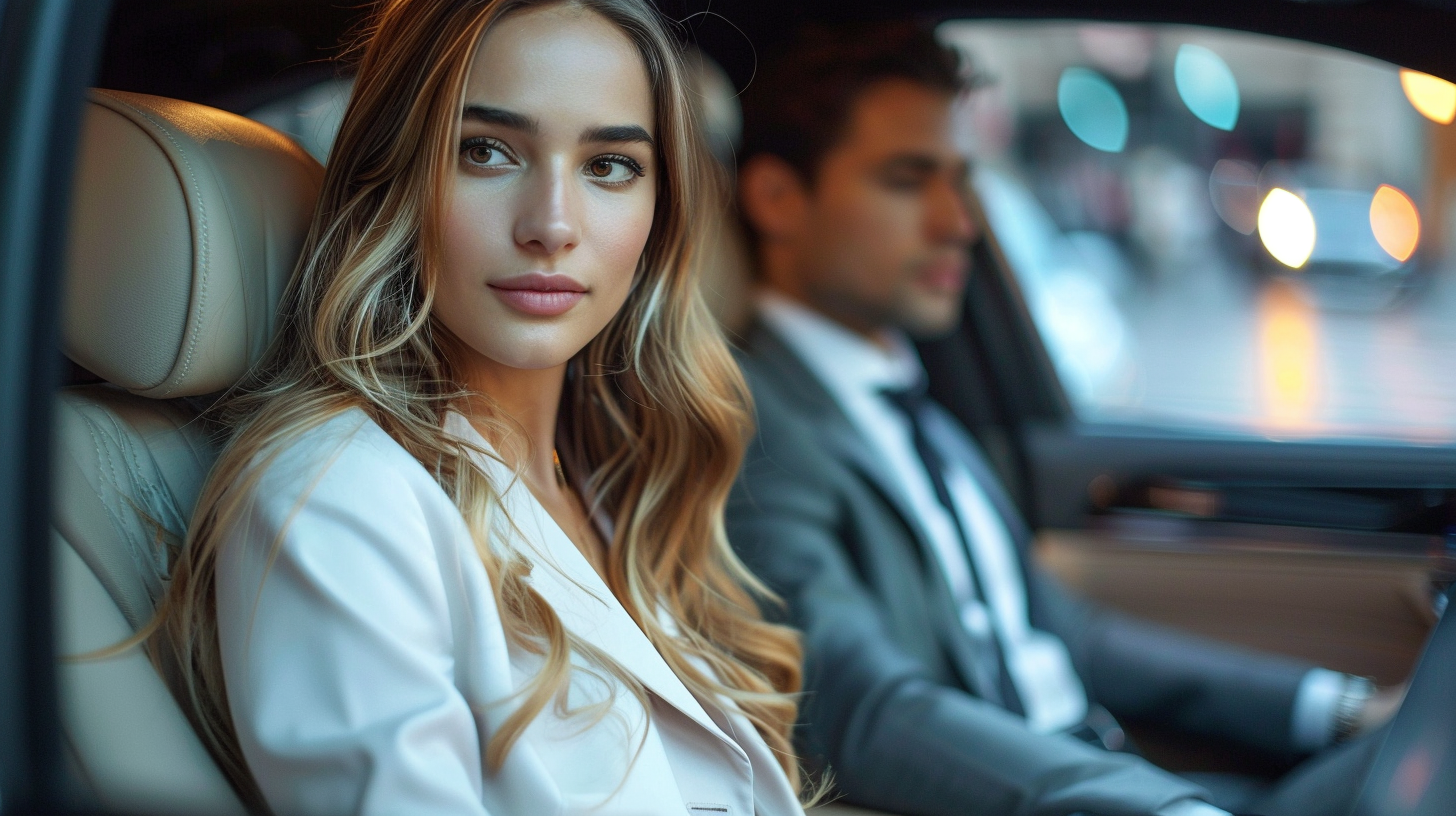 Professioneller VIPROTECT Chauffeur wartet auf die Geschäftsfrau im Luxusauto – Zuverlässigkeit und Diskretion in jeder Hinsicht.