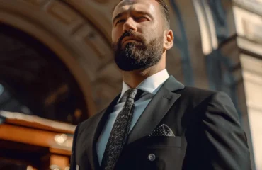 a stoic bodyguard in a tailored suit, standing confidently in front of a luxurious building in vienna.