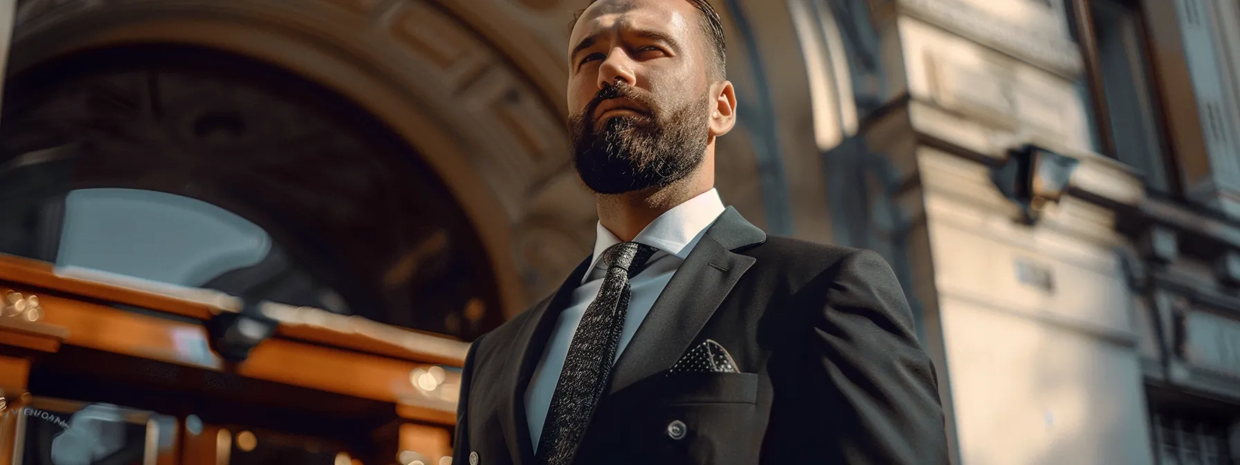 a stoic bodyguard in a tailored suit, standing confidently in front of a luxurious building in vienna.