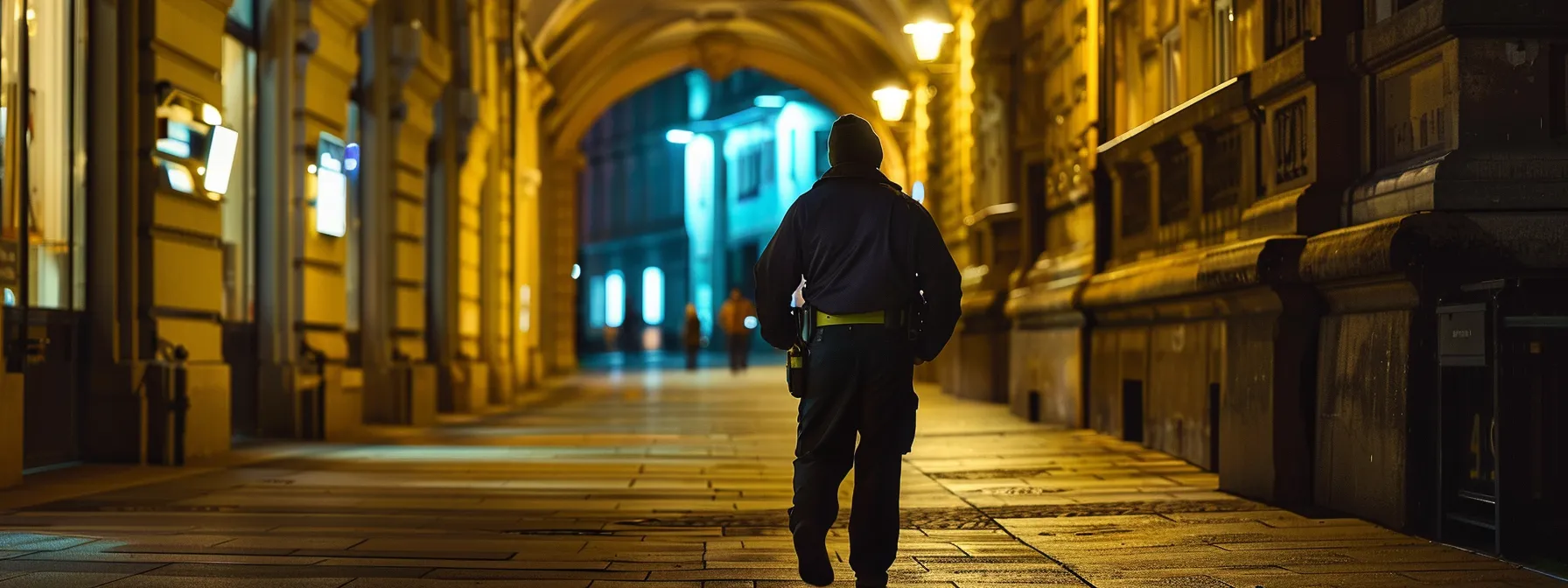 ein sicherheitsdienstmitarbeiter patrouilliert durch eine gut gesicherte wiener straße bei nacht.