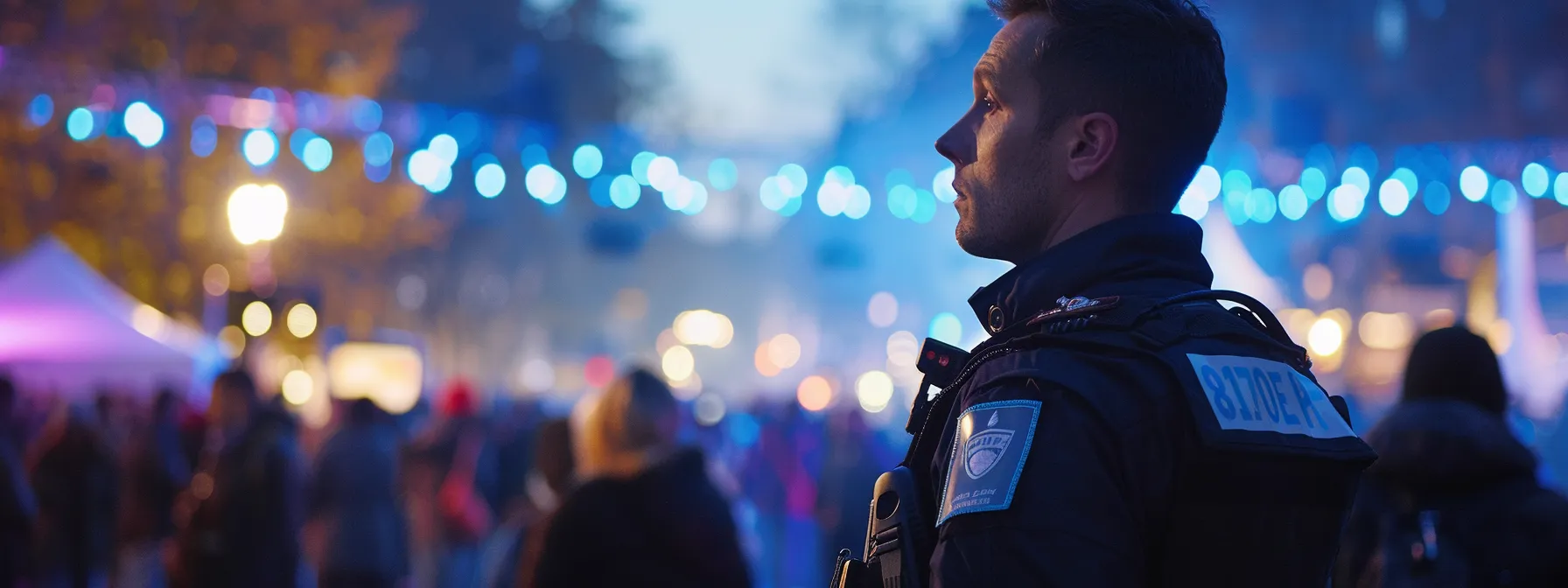 ein sicherheitsbeamter patrouilliert an einer veranstaltung und überwacht das gelände, während im hintergrund menschen friedlich feiern.