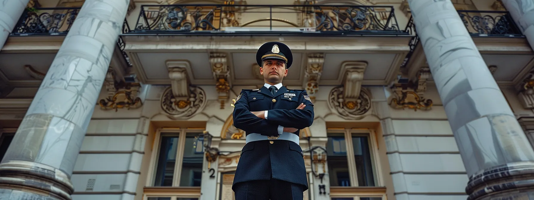 ein streng aussehender bodyguard steht vor einem imposanten gebäude in wien, während er diskret auf potenzielle gefahren achtet.