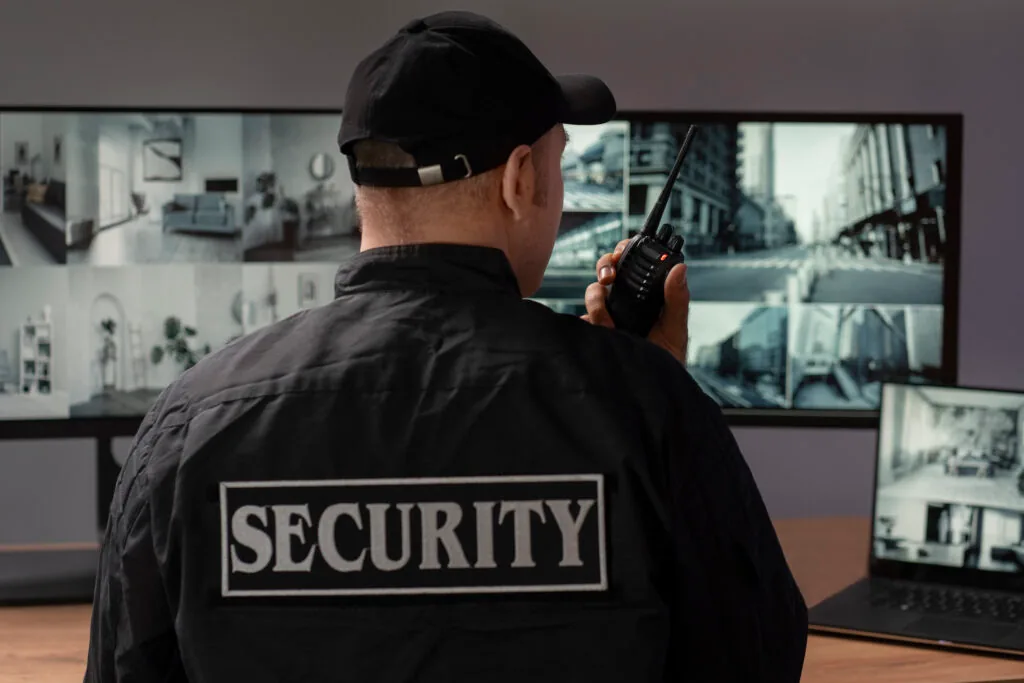Portrait male security guard with radio station camera screens